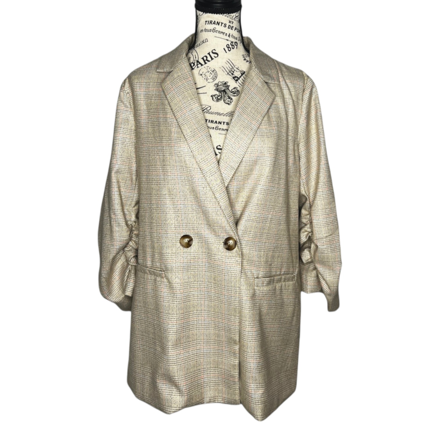 Skies Are Blue (M) Glen Plaid Blazer - Ruched Sleeve Double Breasted 2 Button